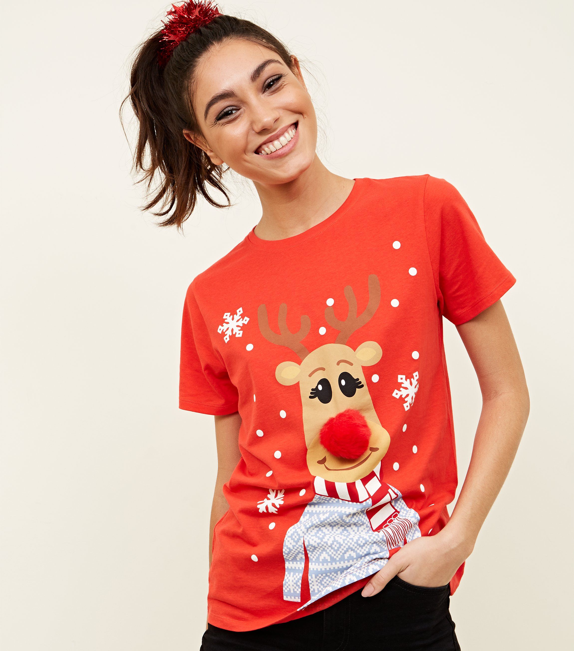 Femme Femmes Noël Renne mur Snowfall Jersey Stretch Noël T Shirt Top Femme Femmes Noël Renne mur Snowfall Jersey Stretch Noël T Shirt Top